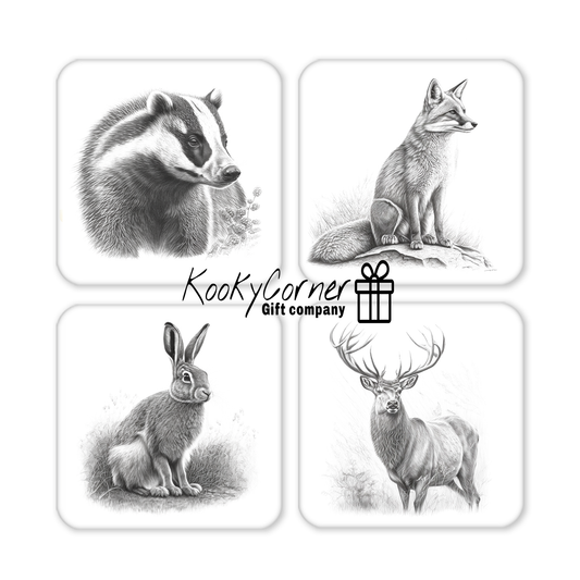 Woodland Animal Sketch Hardwood Coaster Set