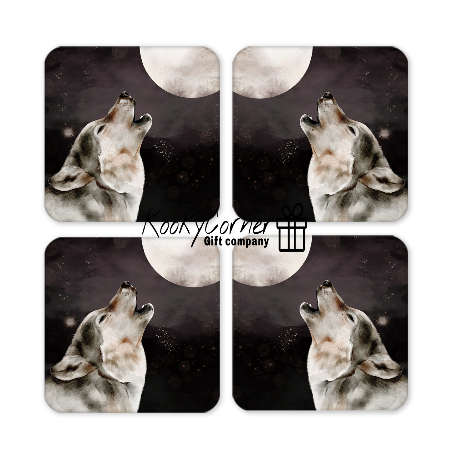 Howling Wolf Hardwood Coaster Set