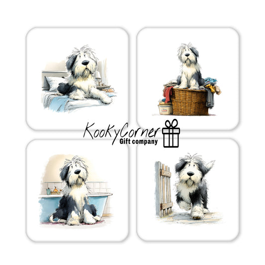 Old English Sheepdog Hardwood Coaster Set