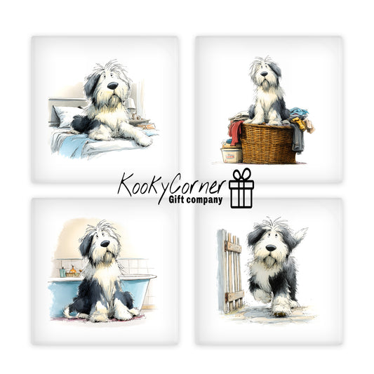 Old English Sheepdog Glass Coaster Set